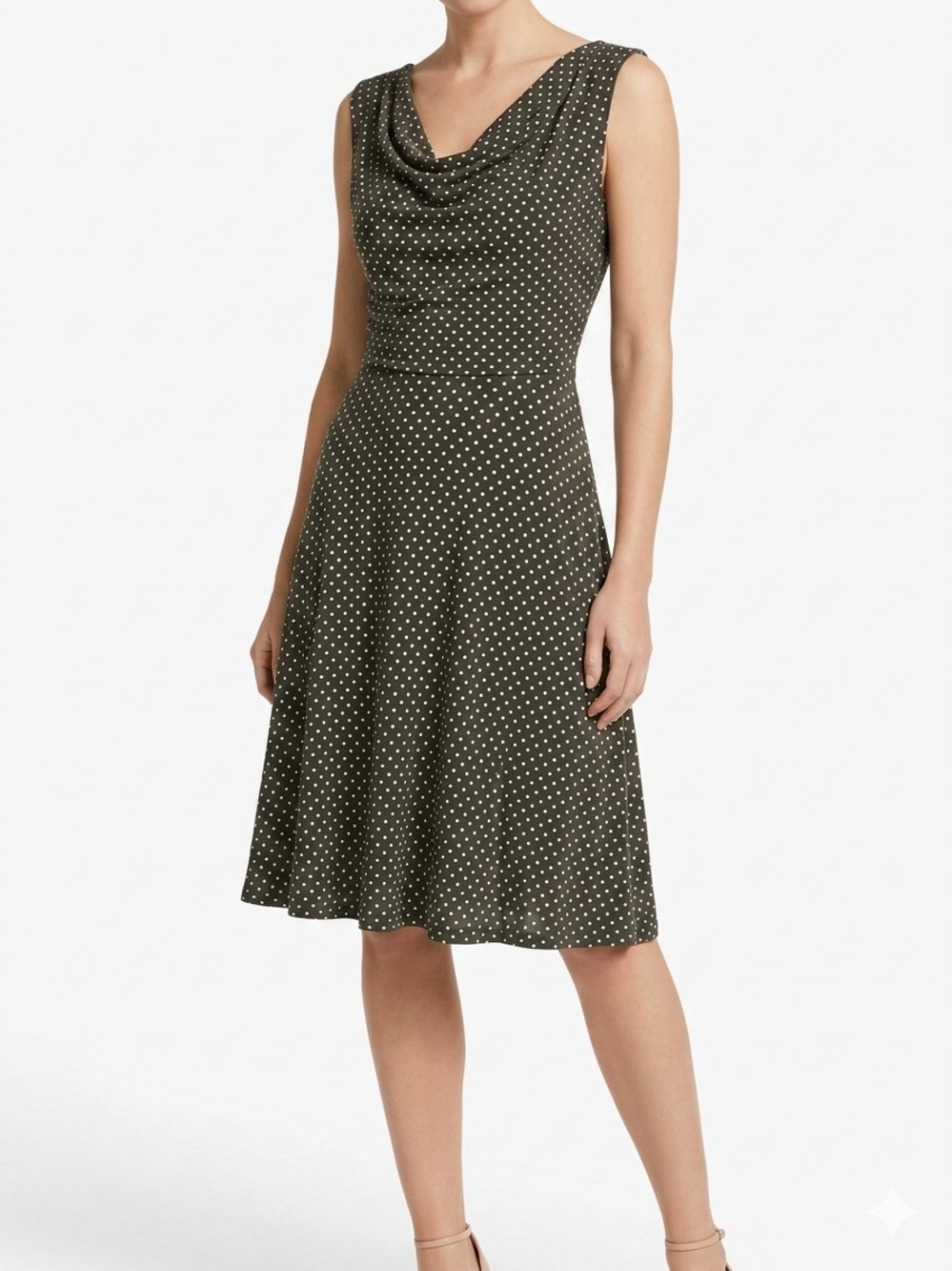 Enfocus Studio Y2K Dark Green & White Polka Dot Cowl-Neck Midi Dress 14